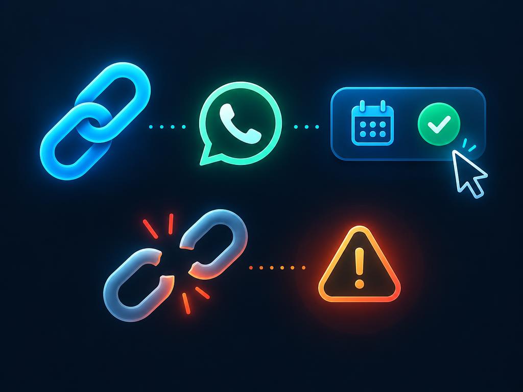 Ilustração de links funcionando e link quebrado com alerta